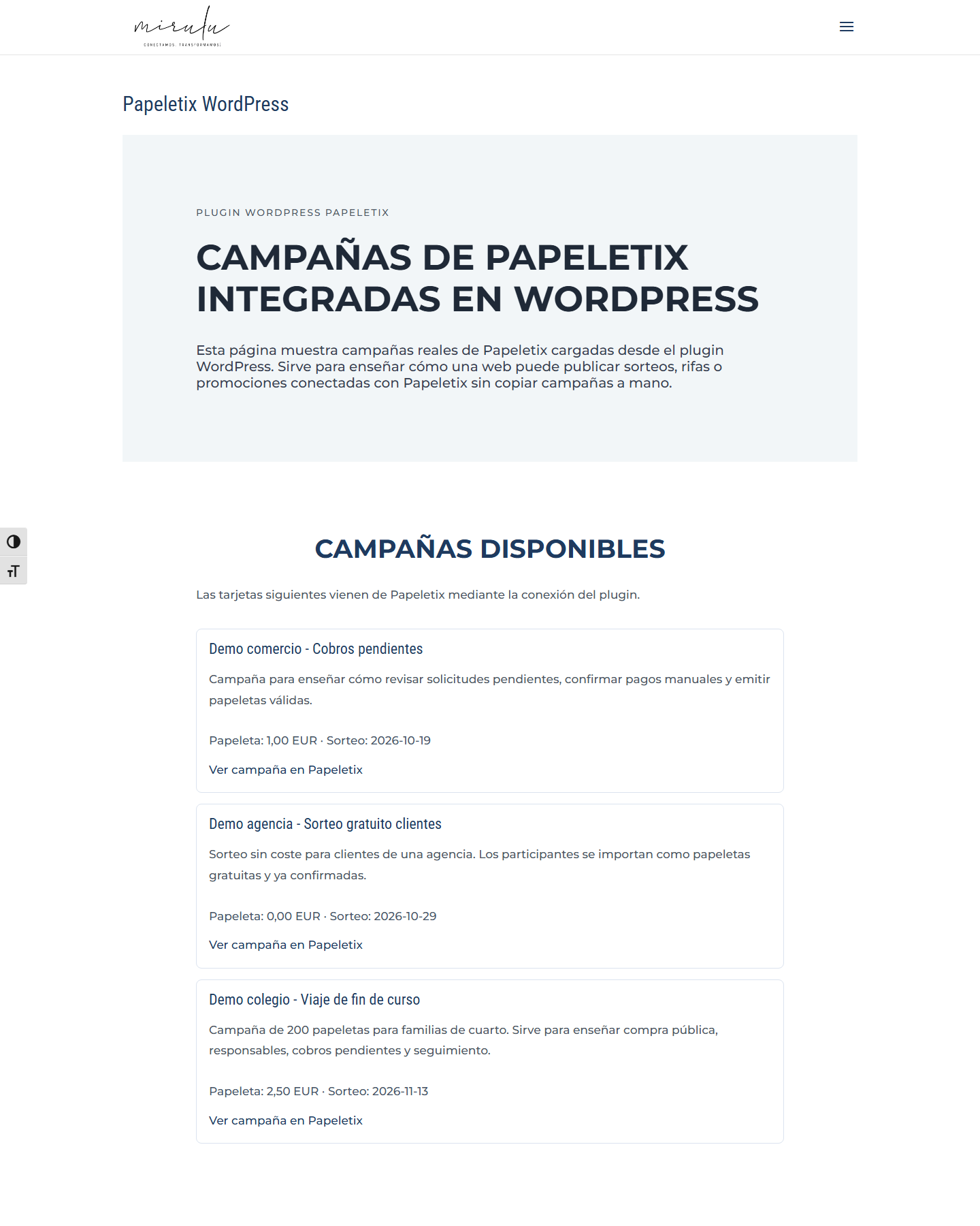 Página WordPress de Mirulu mostrando campañas reales de Papeletix mediante el plugin.